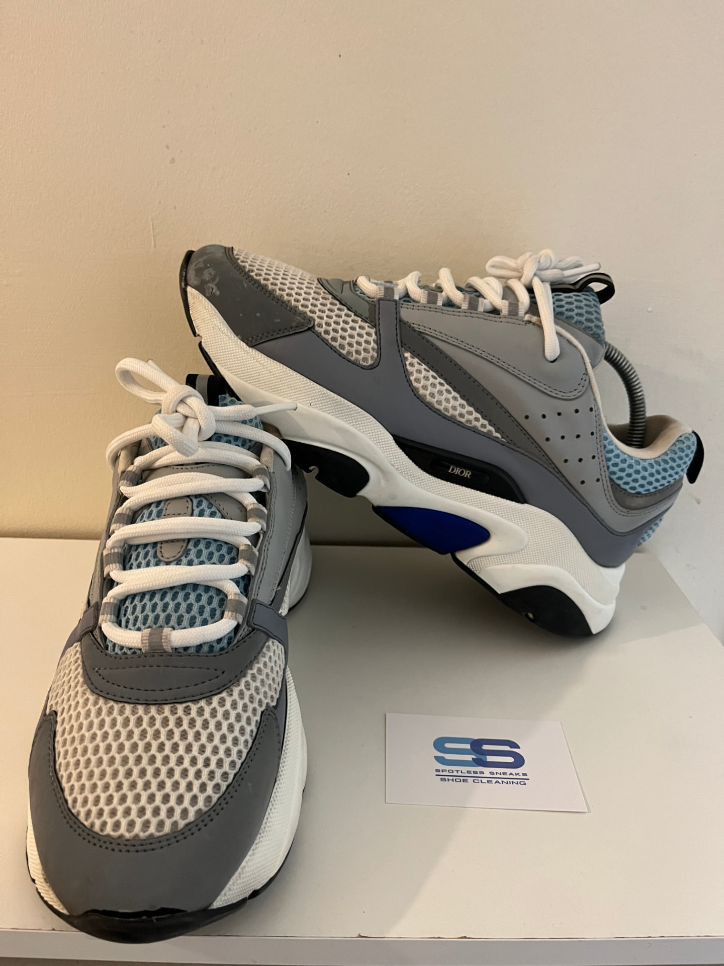 Cleaned Dior B22 sneakers on display